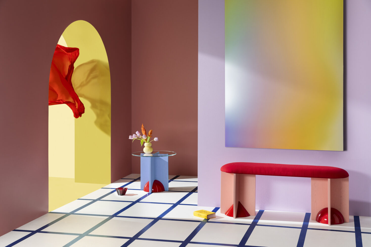 khoi hinh sac mau do noi that phong cach memphis Beeline Design Adam Brislin Lucy Grant