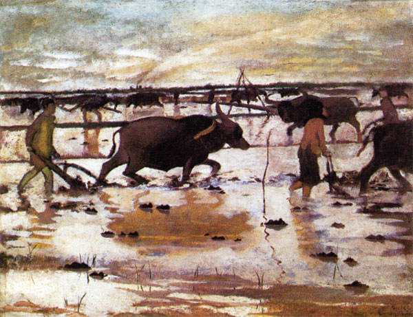 tranh son dau oil painting Mot buoi cay Luu Cong Nhan