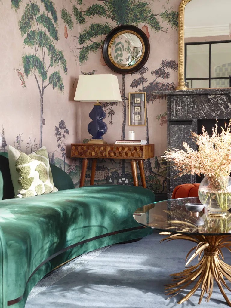 noi that phong khach sofa boc nhung mua thu giay dan tuong