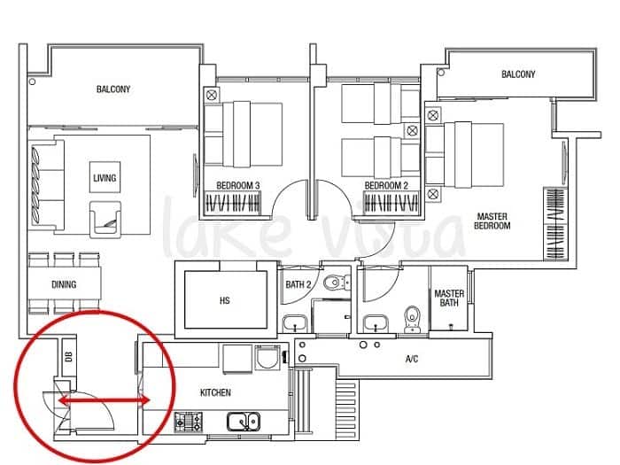 Trong bản thiết kế này, cửa chính hướng thẳng vào khu vực bếp – một cách bố trí không phù hợp với phong thủy. Ảnh: Feng Shui Master Pte Ltd